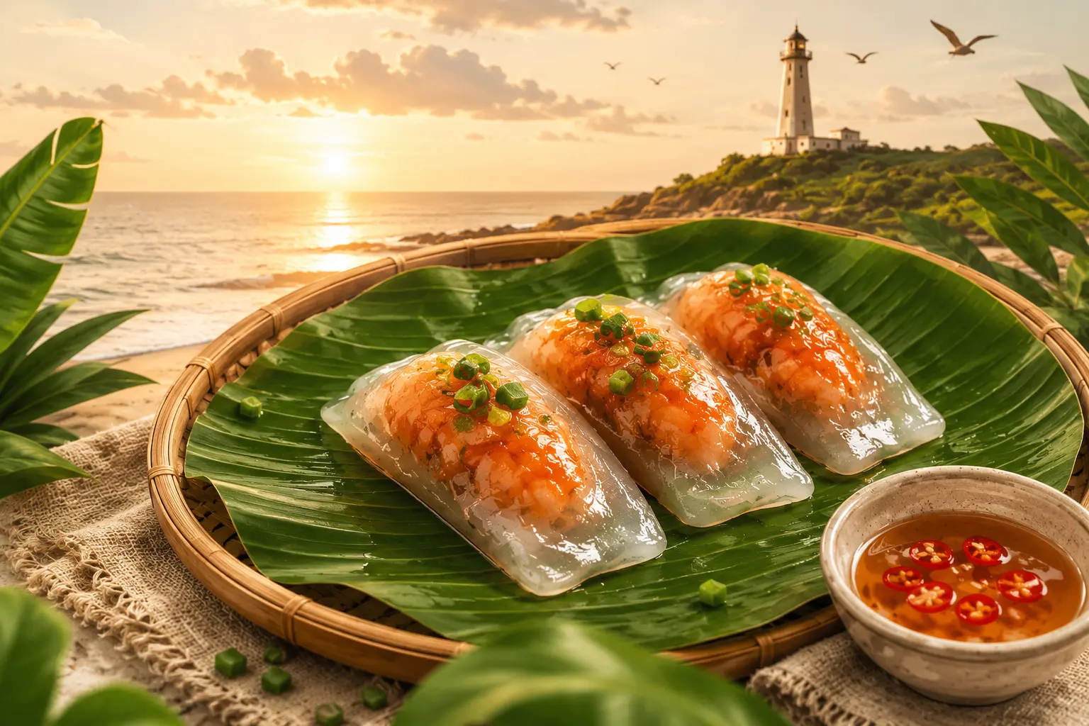 Bánh bột lọc Bình Thuận gói lá chuối dùng cùng nước chấm